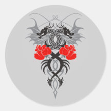Twin Dragons With Tails Entwined Red Roses Sticker