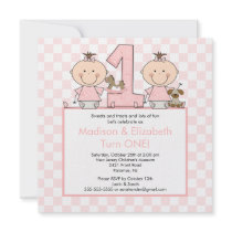 Twin Girls Stick Figure Twins Birthday Invitation