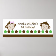 Twin Monkey Boy and Girl Birthday Banner Poster