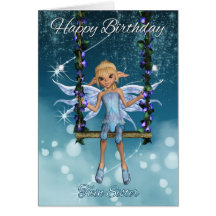 Twin Sister Happy Birthday cute fairy on swing Cards