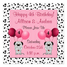 Twins 4th Birthday Party Invitation Pink