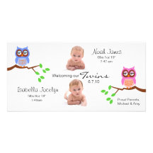 Twins Birth Announcement with Owls Photo Card Template