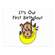 Twins - Boy and Girl Monkey 1st Birthday Post Card