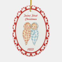 Twins First Christmas Wrapped Babies Oval Ornament