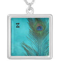 Two Aqua Peacock Feathers Custom Necklace
