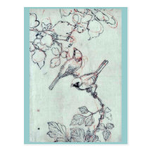 Two birds perched on grapevines Ukiyoe Post Cards