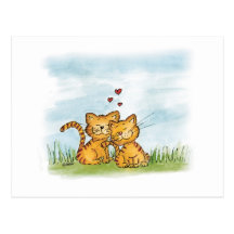 Two cats in love - watercolor illustration postcard