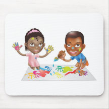 two children playing with paint mousepads