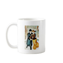 Two couples dancing and a young angel sitting on t mug