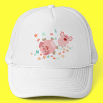Two Cute Cartoon Pigs in Spring Hat