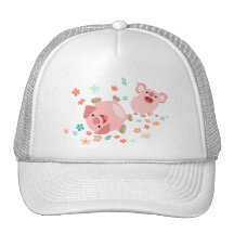 Two Cute Cartoon Pigs in Spring Hat
