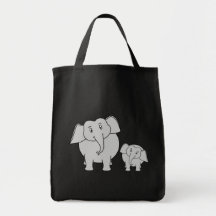 Two Cute Elephants. Cartoon on Black. Bags