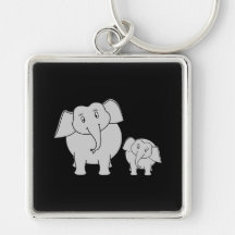 Two Cute Elephants. Cartoon on Black. Key Chains