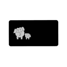 Two Cute Elephants. Cartoon on Black. Address Label