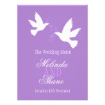 Two doves purple & white wedding dinner menu custom invitation