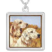 Two English Setters Silver Pendant Necklace