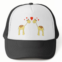 Two Facing Giraffes with Hearts. Cartoon. Mesh Hats