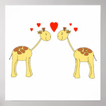 Two Facing Giraffes with Hearts. Cartoon. Poster