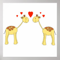 Two Facing Giraffes with Hearts. Cartoon. Posters