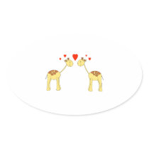 Two Facing Giraffes with Hearts. Cartoon. Oval Sticker