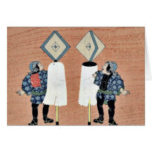 Two firemen holding the standards of the companies greeting card