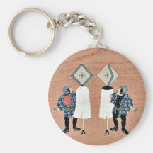 Two firemen holding the standards of the companies keychains