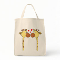 Two Giraffes with Red Love Hearts. Cartoon Tote Bags