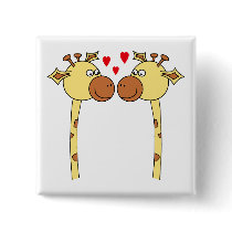 Two Giraffes with Red Love Hearts. Cartoon Pinback Button