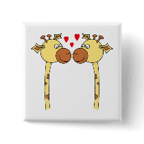 Two Giraffes with Red Love Hearts. Cartoon Button
