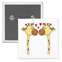 Two Giraffes with Red Love Hearts. Cartoon Pinback Button