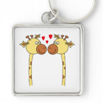 Two Giraffes with Red Love Hearts. Cartoon Keychain