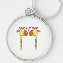Two Giraffes with Red Love Hearts. Cartoon Keychain