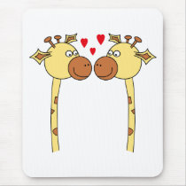 Two Giraffes with Red Love Hearts. Cartoon Mouse Pads
