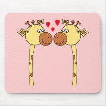 Two Giraffes with Red Love Hearts. Cartoon Mouse Pad