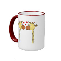 Two Giraffes with Red Love Hearts. Cartoon Mugs