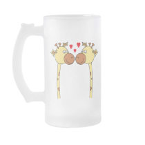 Two Giraffes with Red Love Hearts. Cartoon Coffee Mugs