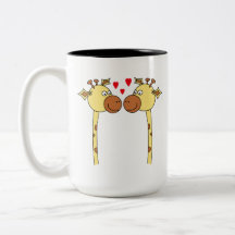 Two Giraffes with Red Love Hearts. Cartoon Coffee Mugs
