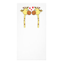 Two Giraffes with Red Love Hearts. Cartoon Photo Card