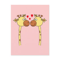 Two Giraffes with Red Love Hearts. Cartoon Post Card
