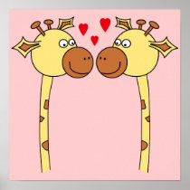 Two Giraffes with Red Love Hearts. Cartoon Print
