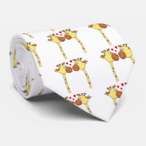 Two Giraffes with Red Love Hearts. Cartoon Necktie