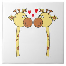 Two Giraffes with Red Love Hearts. Cartoon Ceramic Tile