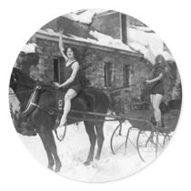 Two Girls in Bathing Suits on Horses in Winter Round Stickers