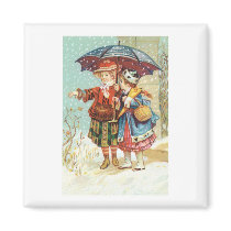 Two GIrls in the Snow with Umbrella Refrigerator Magnets