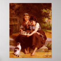 Two Girls With A Basket Of Kittens Print