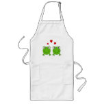 Two green frogs with red hearts. aprons