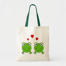 Two green frogs with red hearts. canvas bags