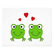 Two green frogs with red hearts. personalized invitations