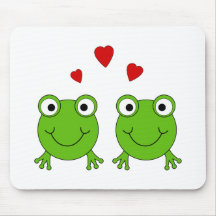 Two green frogs with red hearts. mousepads