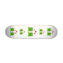 Two green frogs with red hearts. skateboard